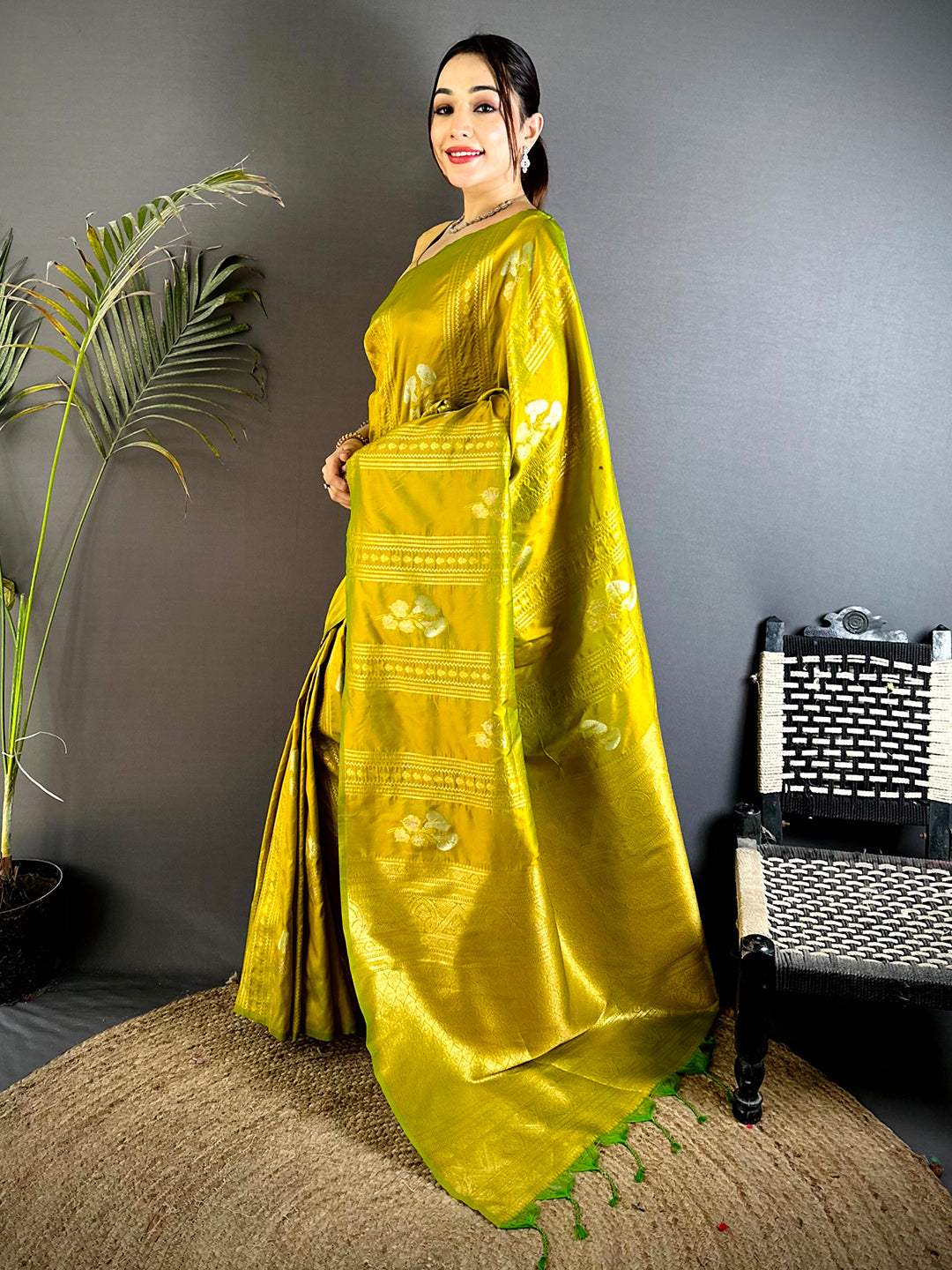 Olive Sona Chandi Striped Silk Saree