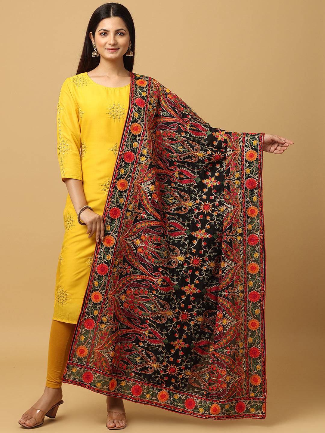 Black Poly Chiffon Pashmina Dupatta with vibrant threadwork