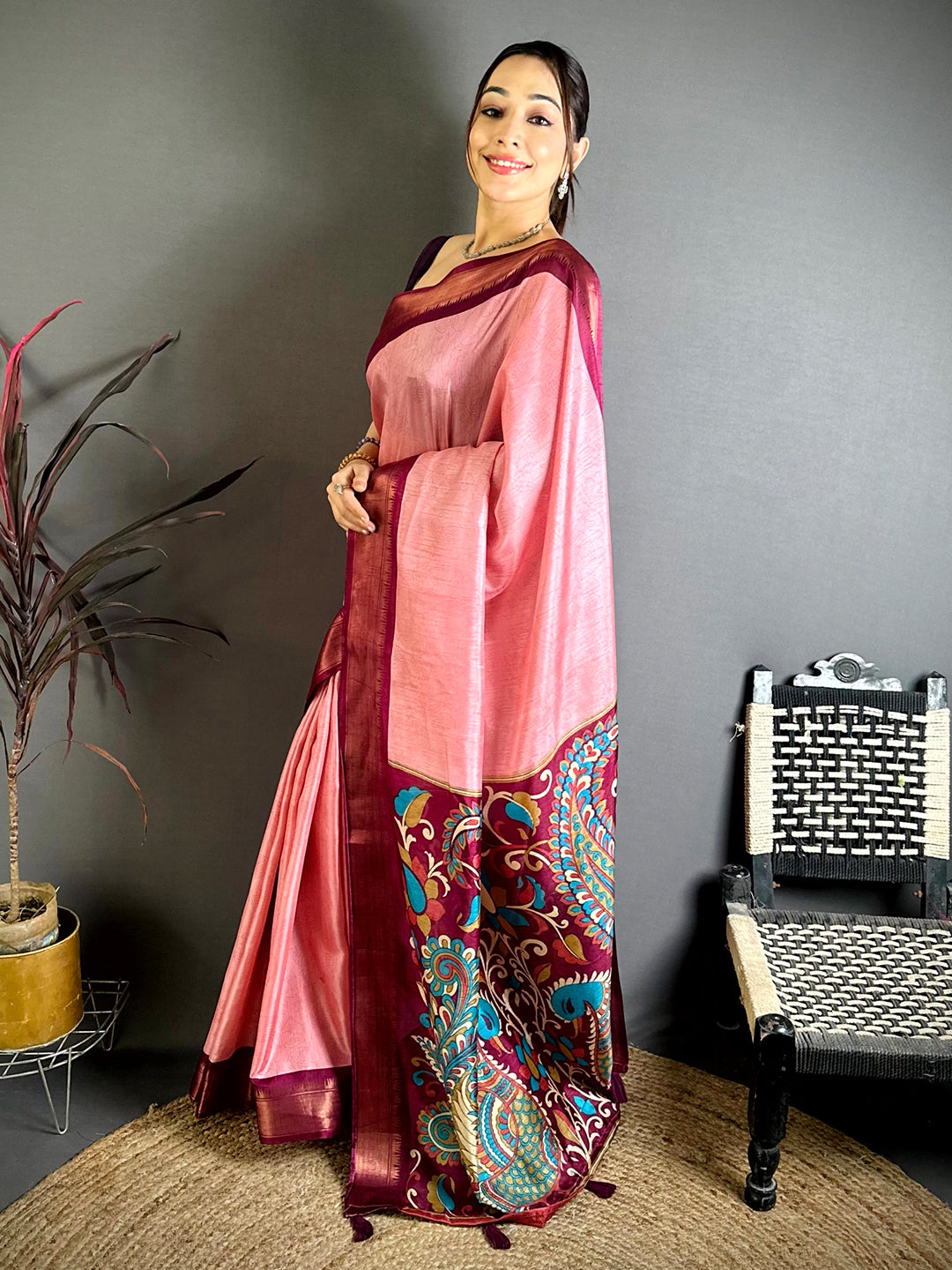 Pink Kalamkari Pallu Dola Saree