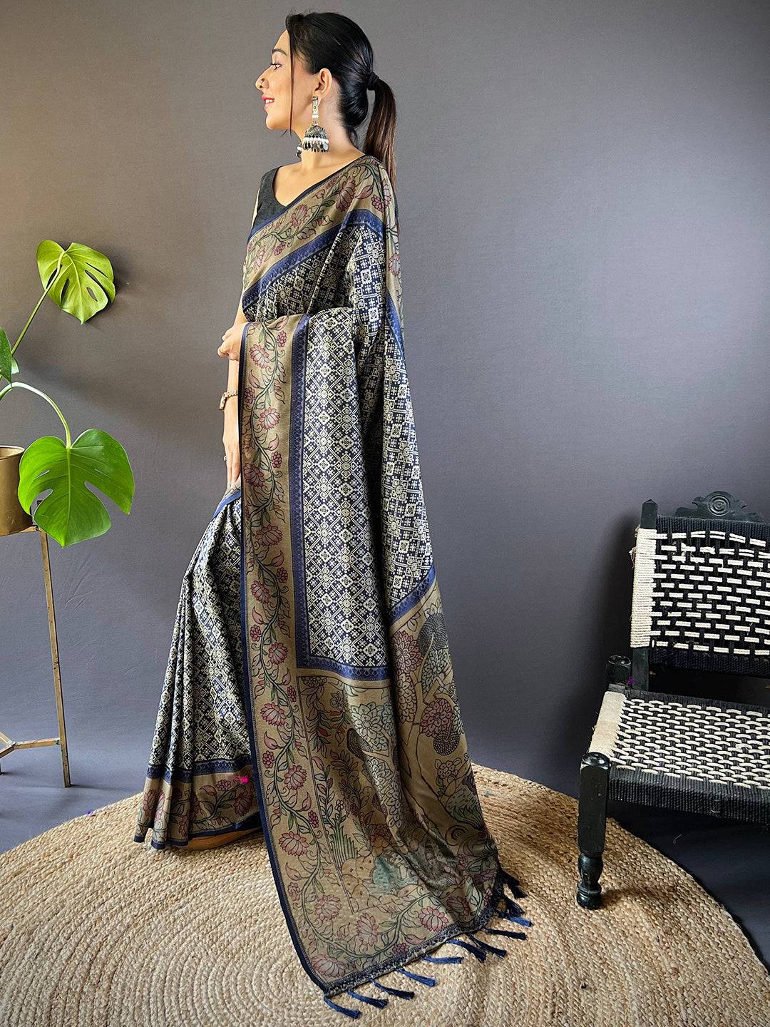 Navy Blue Patola And Kalamkari Fusion Saree