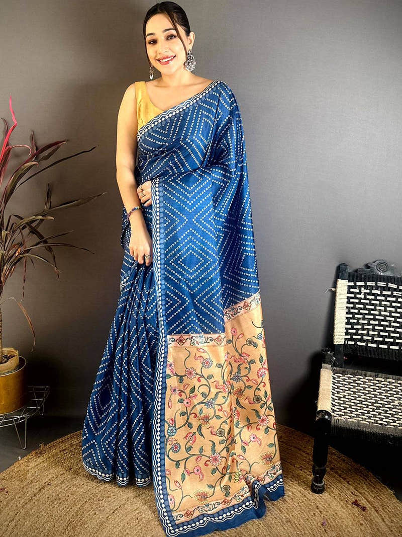 Radiant Tussar Bandhej Kalamkari Saree