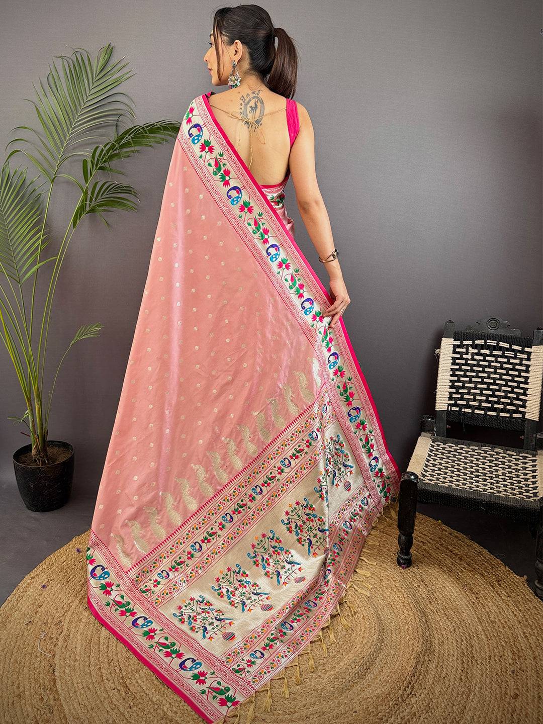 Baby Pink Soft Silk Paithani Meenakari Saree