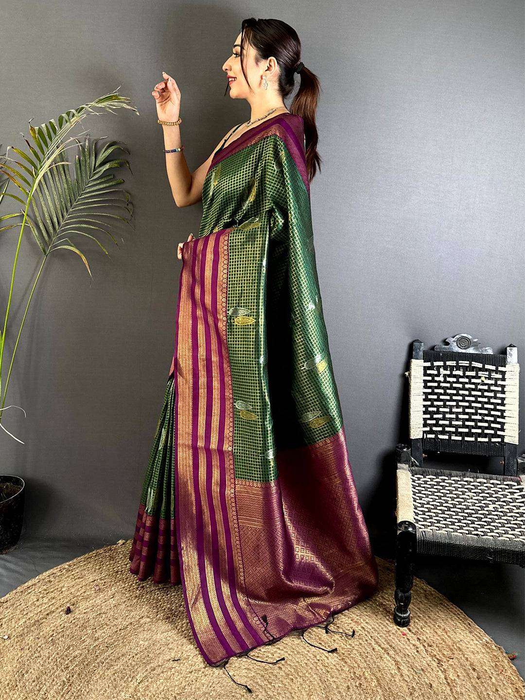 Green Golden Chex Katan Silk Saree