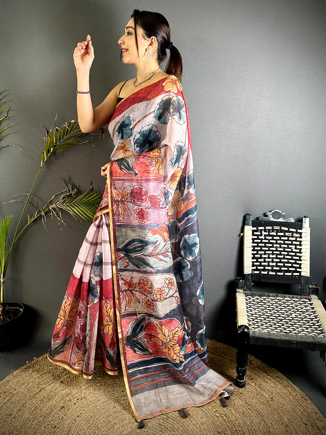 Elegant Hand Block Floral Linen Saree