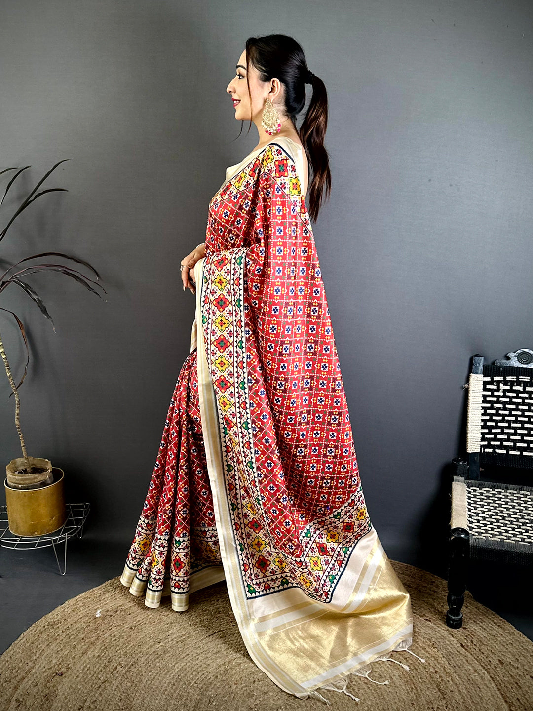 Red Ethnic Digital Ikkat Kanchi Saree