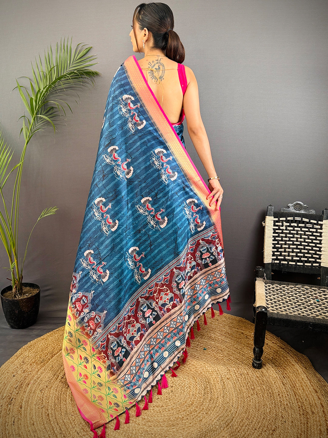 Dark Blue Freehand Digital Print Soft Silk Saree