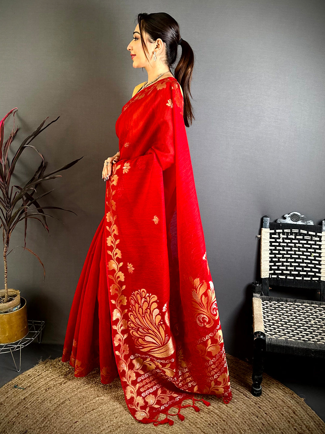 Red Peacock Zari Munga Saree