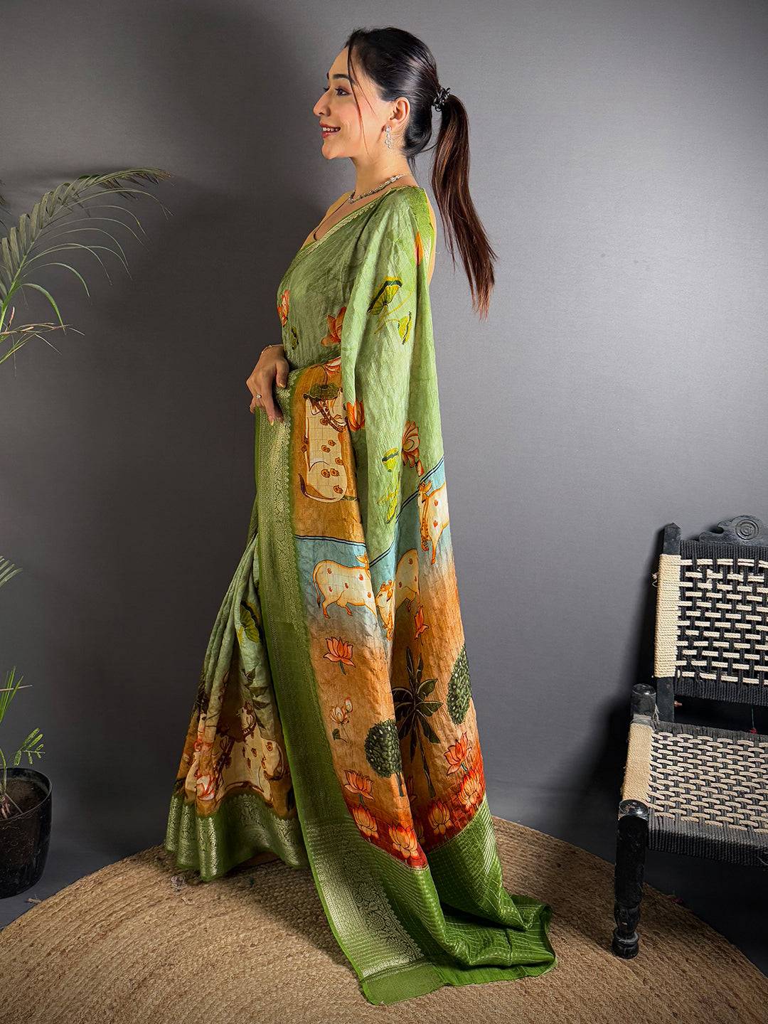 Parrot Green Viscose Pichwai Print Saree