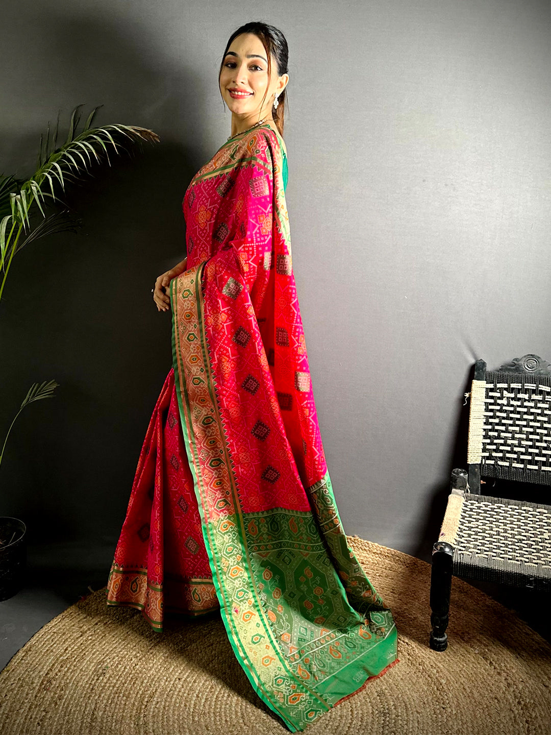 Pink Soft Silk Saree With Patola Weaving