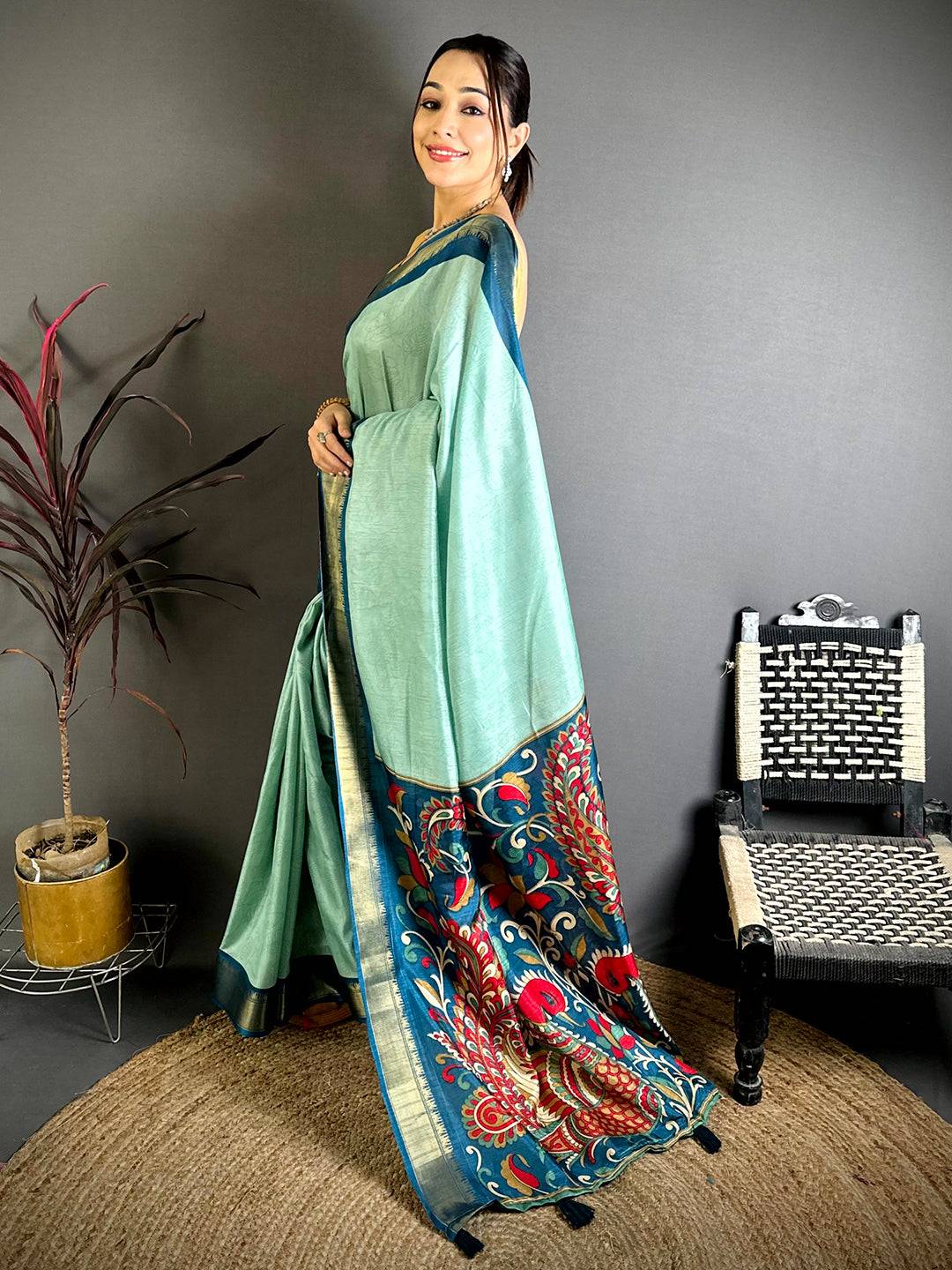 Mint Green Kalamkari Pallu Dola Saree