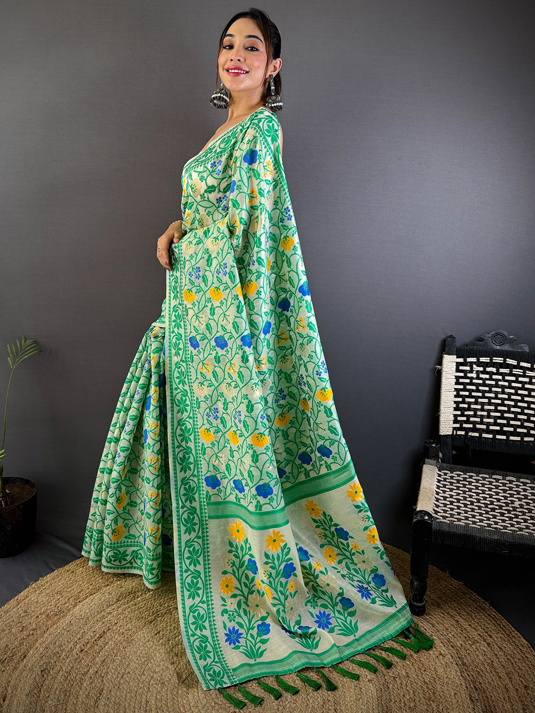 Green Dhakai Jamdani Cotton Silk Saree