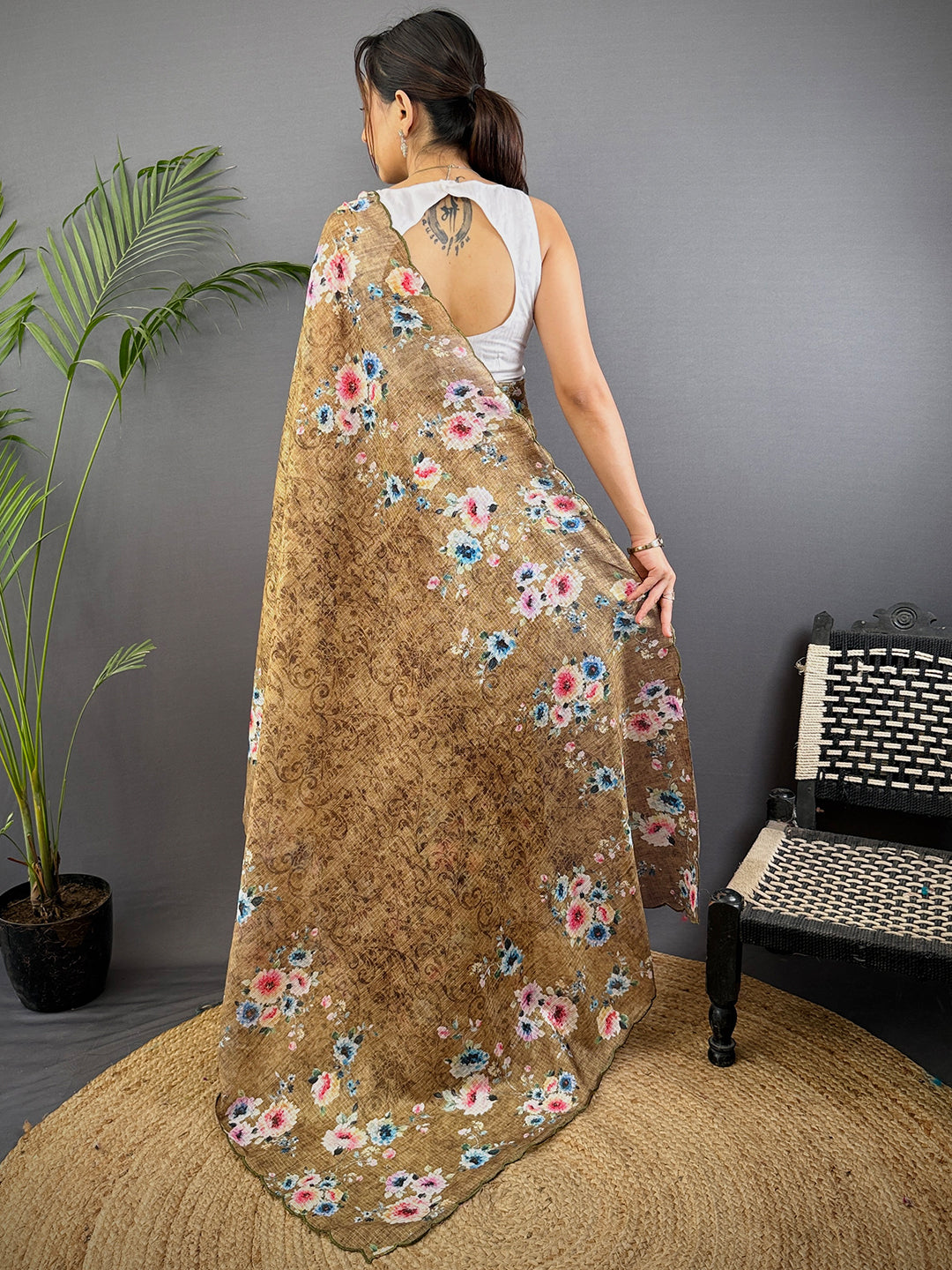Brown Floral Cut Work Kota Saree