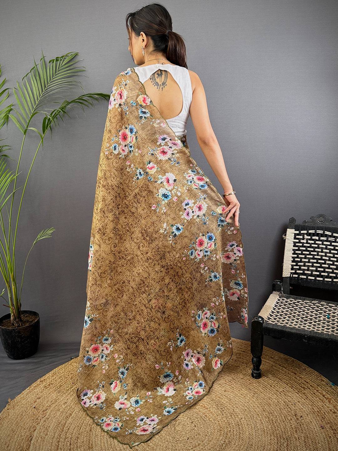 Brown Floral Cut Work Kota Saree
