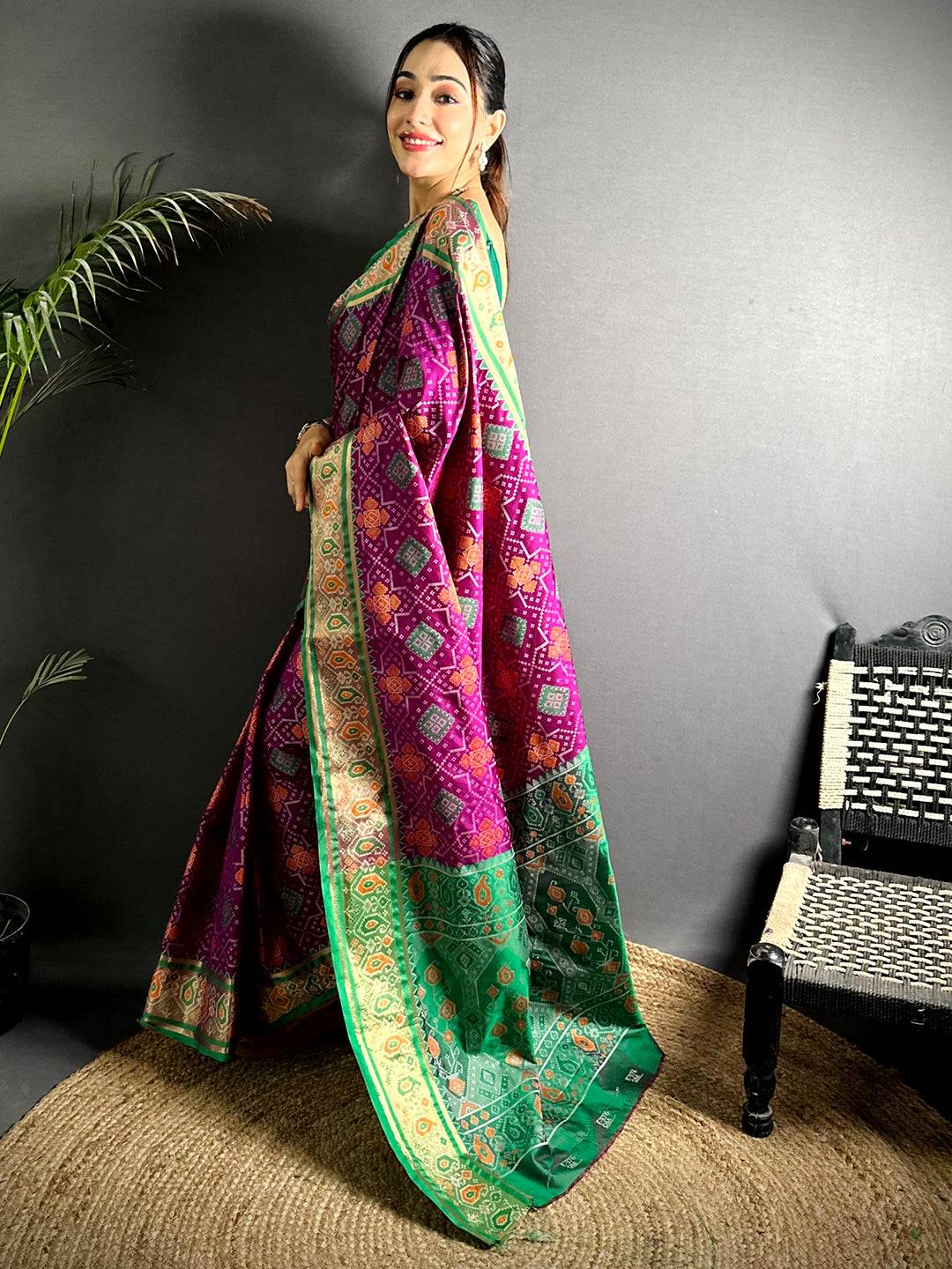 Wine Soft Silk Saree With Patola Weaving