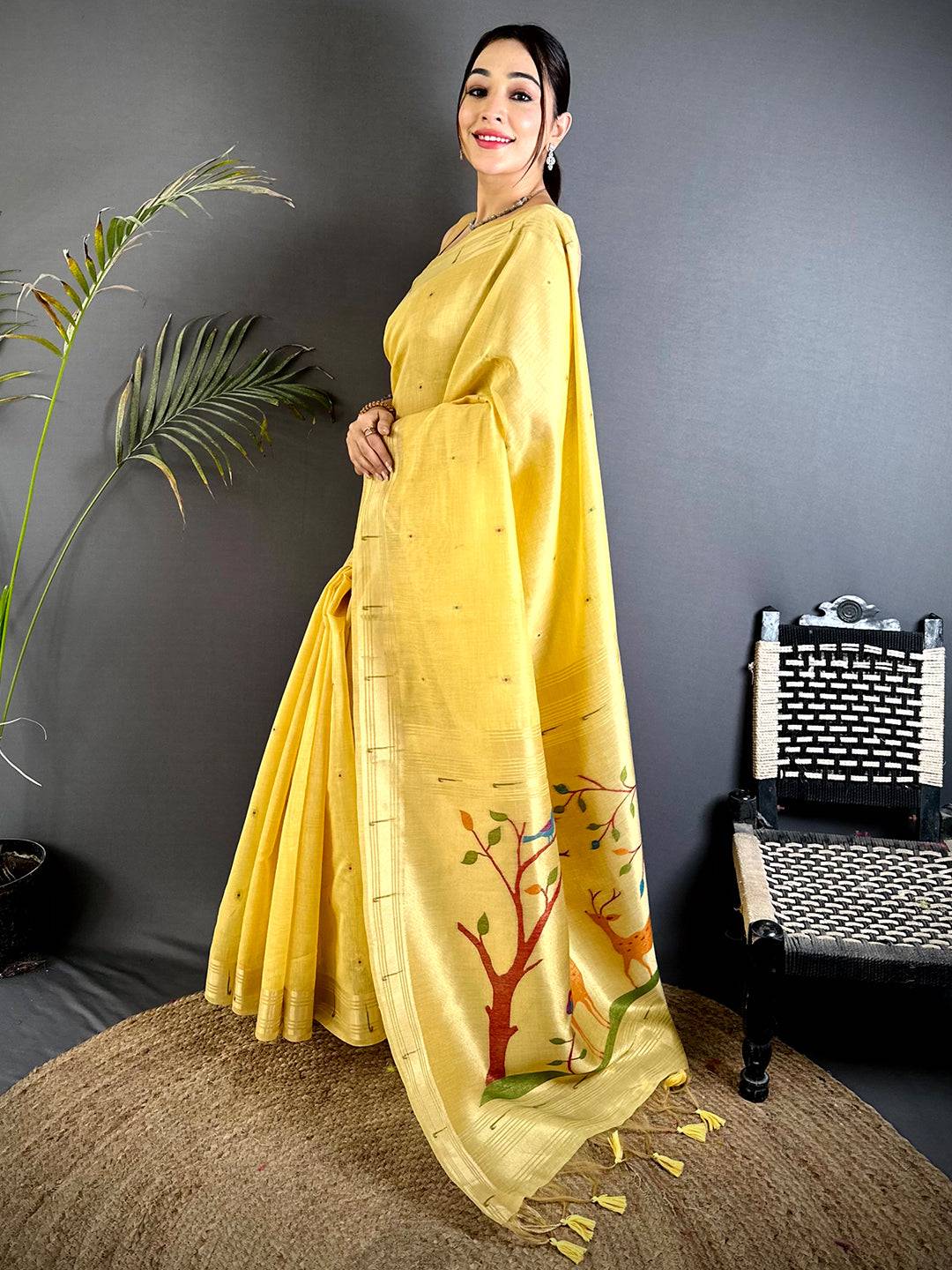Yellow Minakari Paithani Khadi Linen Saree