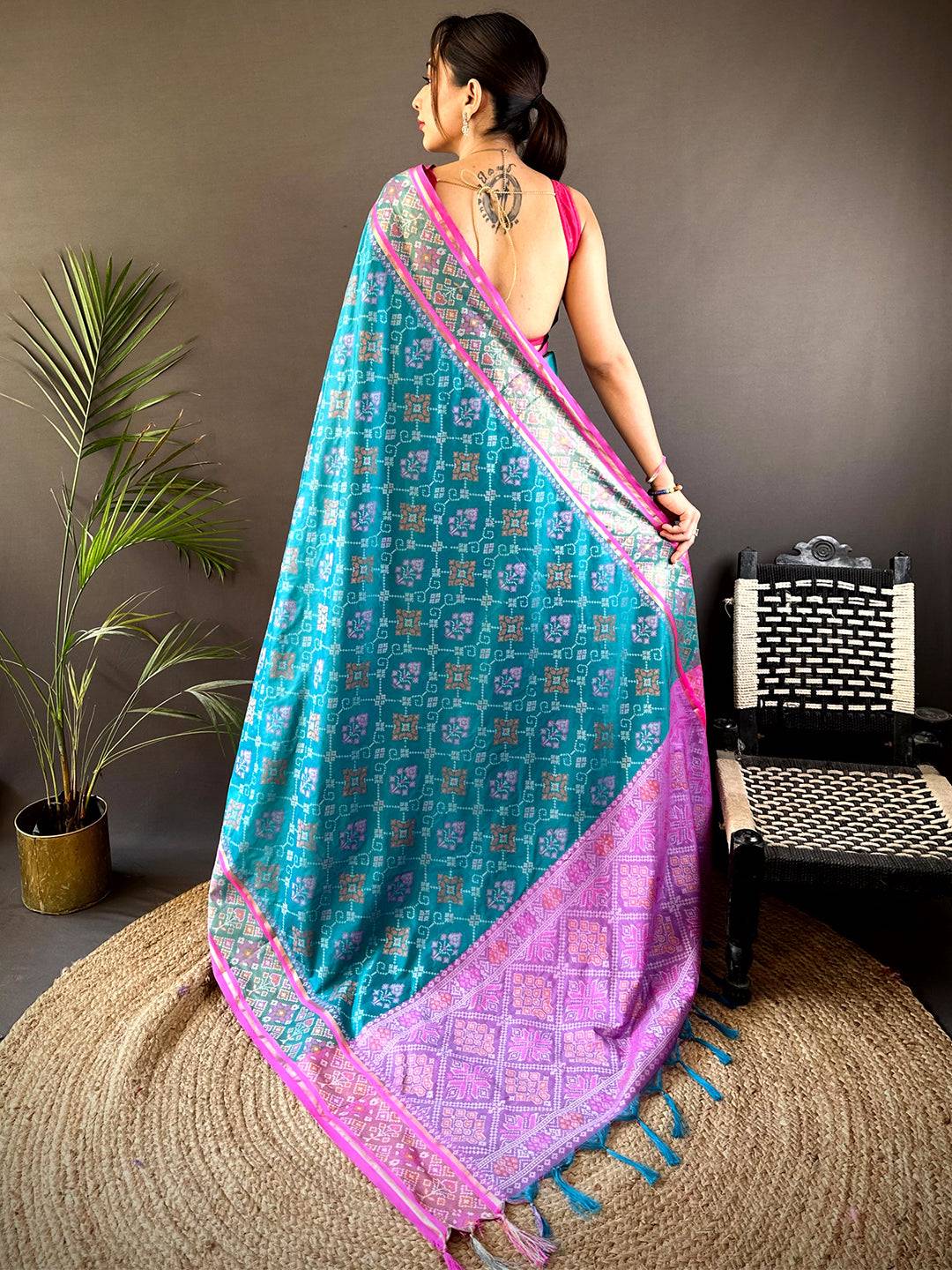 Sky Blue Pochampally Patola Soft Silk Saree