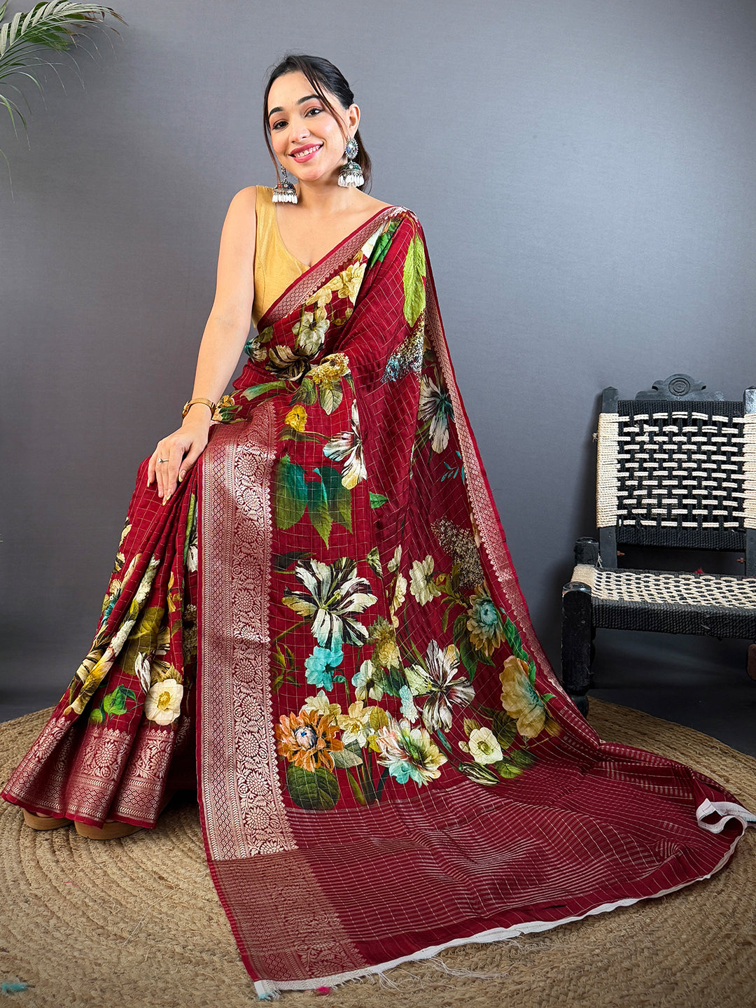 Deep Maroon Pure Viscose Checked Saree