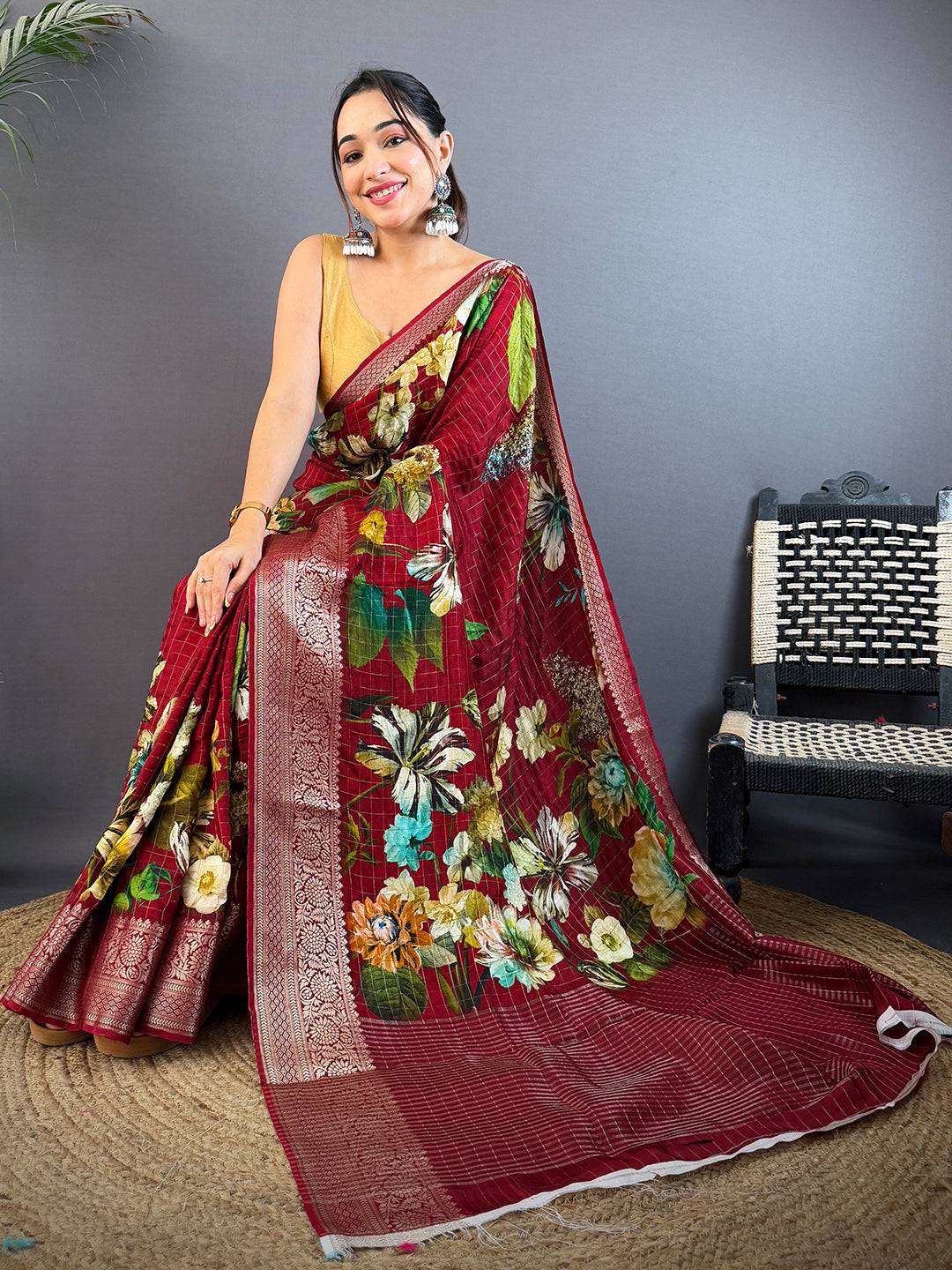 Deep Maroon Pure Viscose Checked Saree