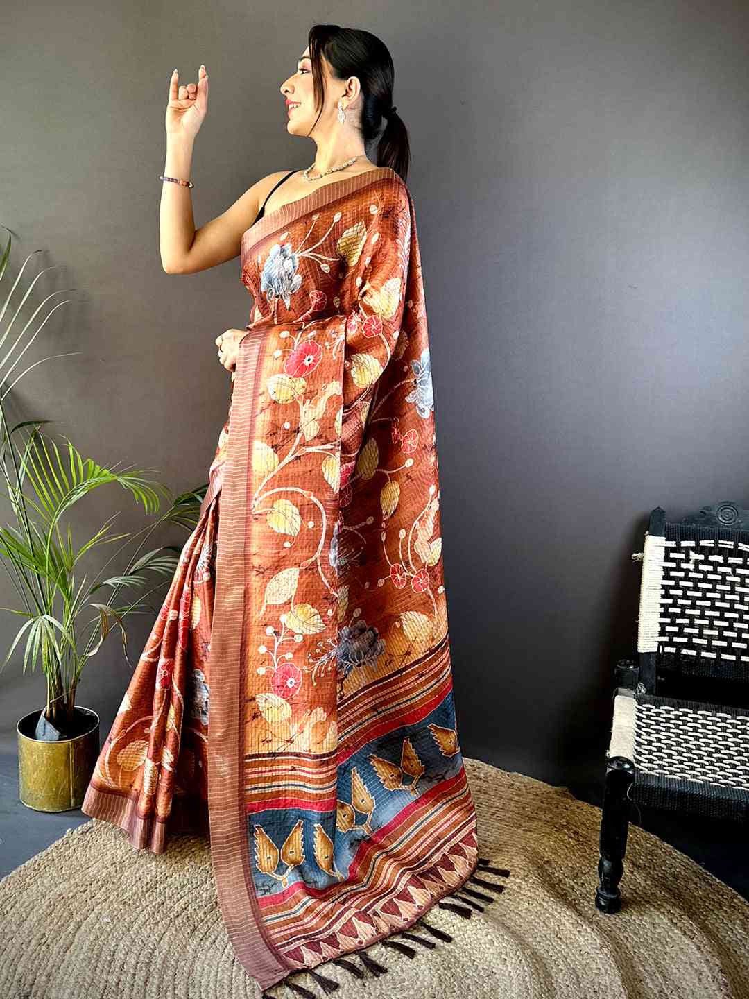 Brown Chex Kalamkari Floral Print Saree