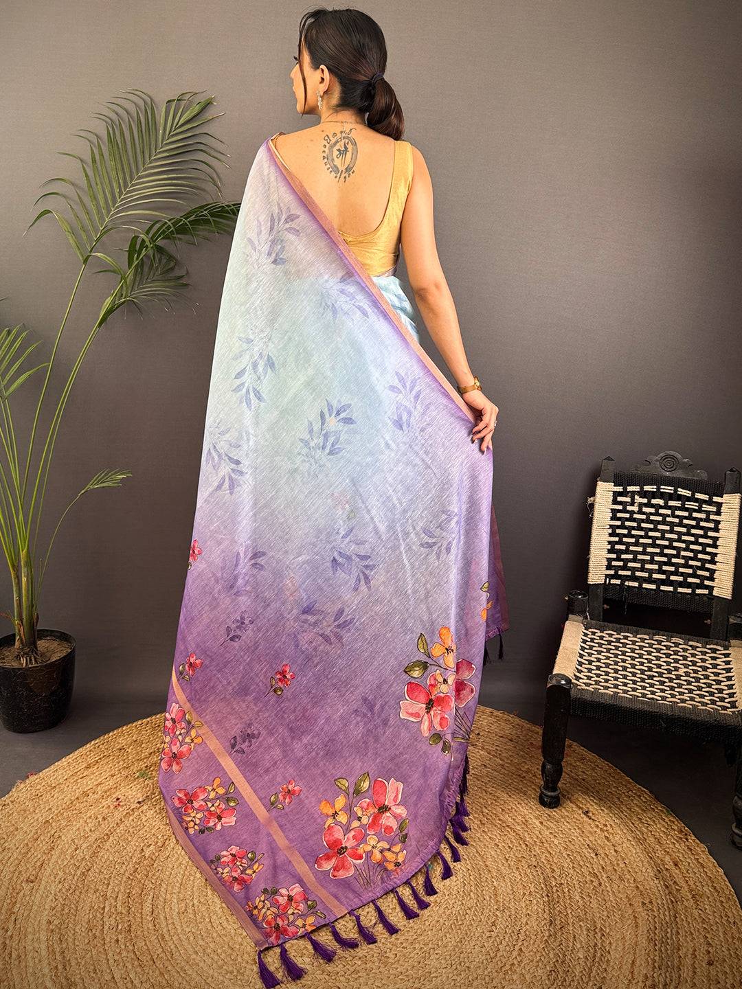 Sky Blue Linen Chanderi Floral Print Saree