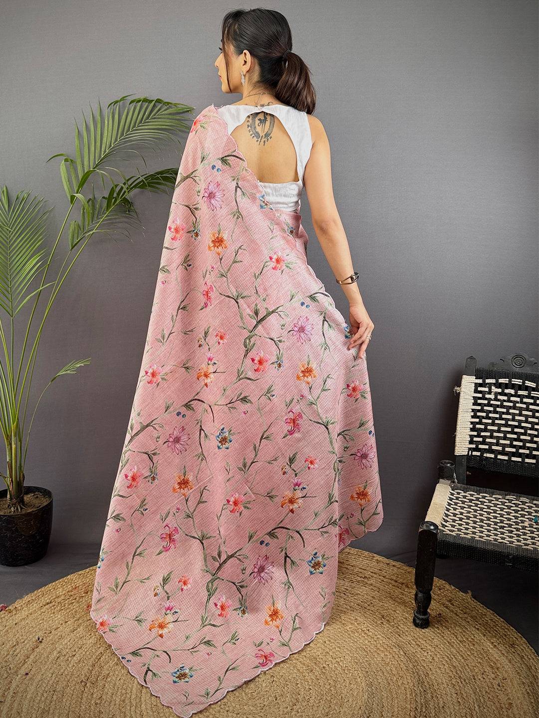 Light Pink Soft Kota Floral Print Saree
