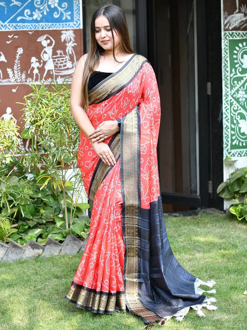 Coral Red Soft Silk Bandhej Print Saree with Kanjivaram Border