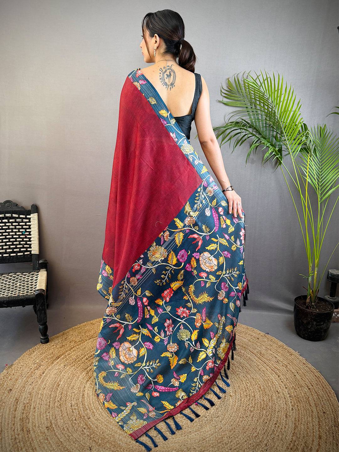 Red Linen Kalamkari Print Saree
