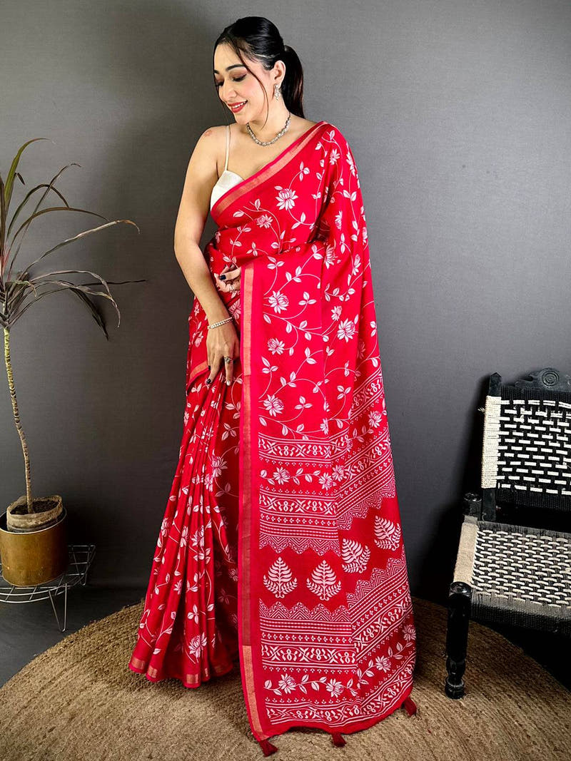 Red Leaf Printed Mul Cotton Saree