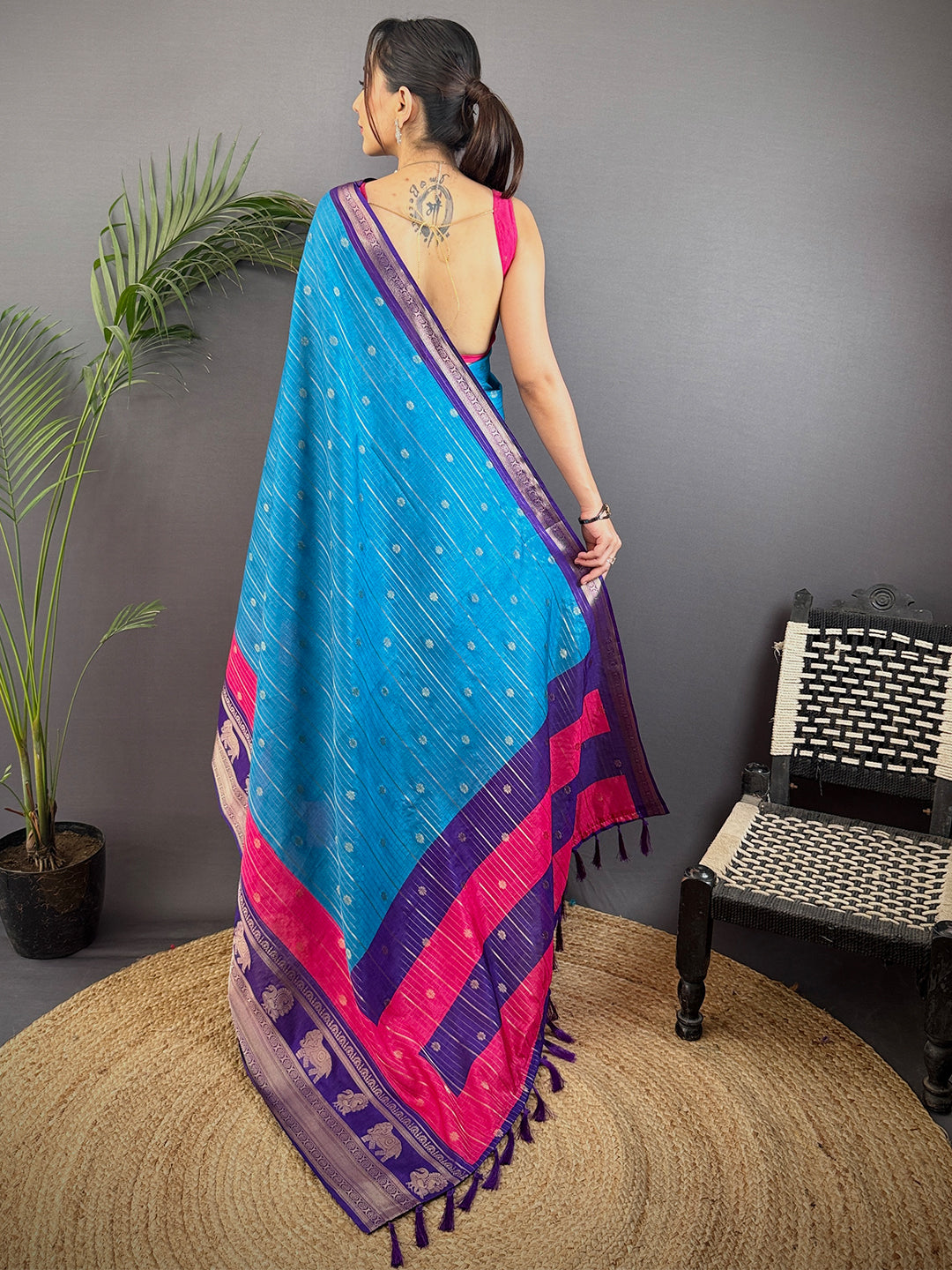 Sky Blue Soft Dola Silk Striped Print Saree