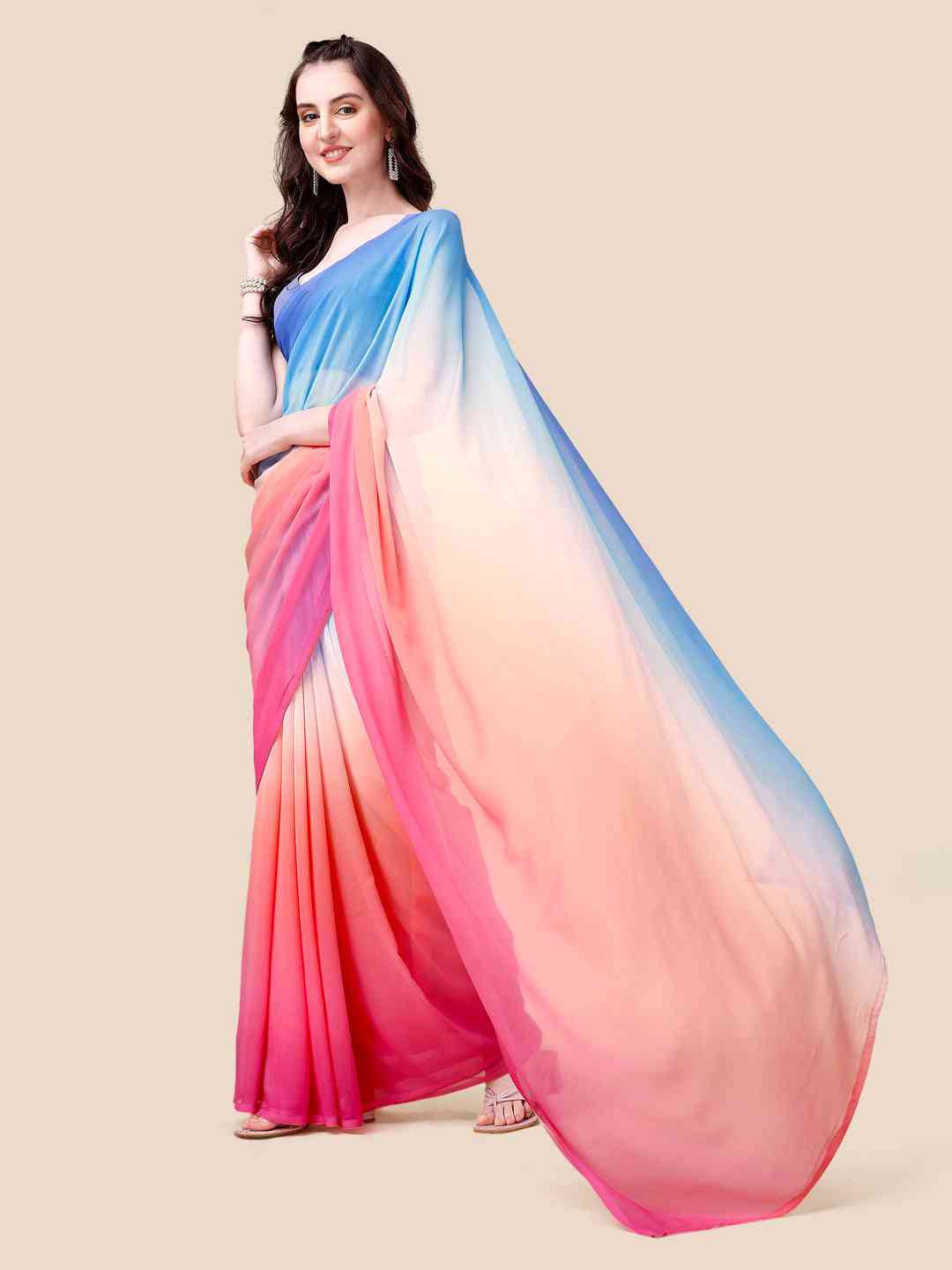 Elegant Bollywood ombre saree with soft georgette fabric, blue to pink.