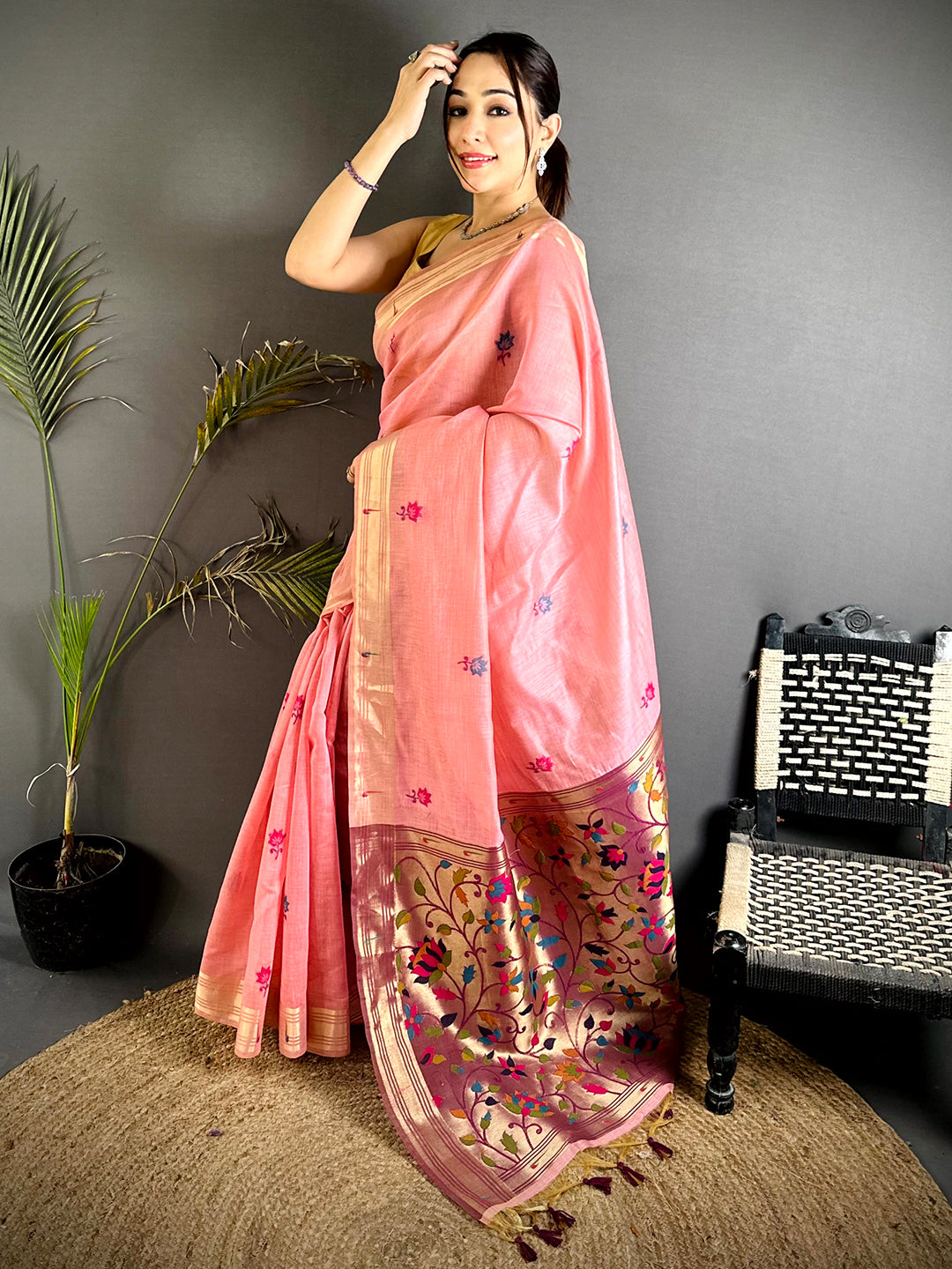 Royal Minakari Butti Khadi Linen Saree