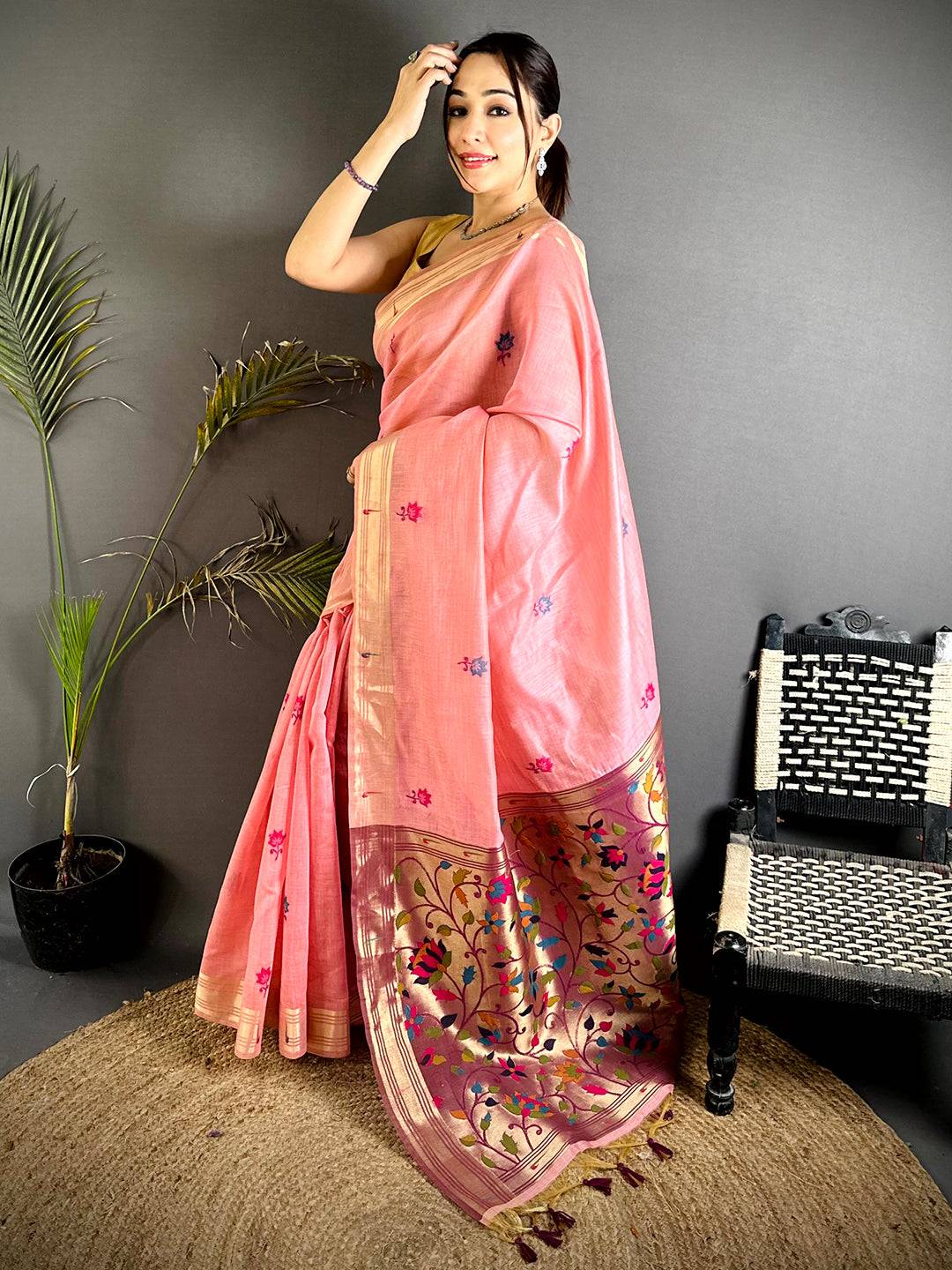 Royal Minakari Butti Khadi Linen Saree