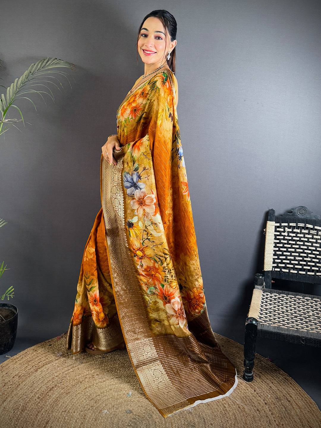 Radiant Bronze Floral Digital Saree