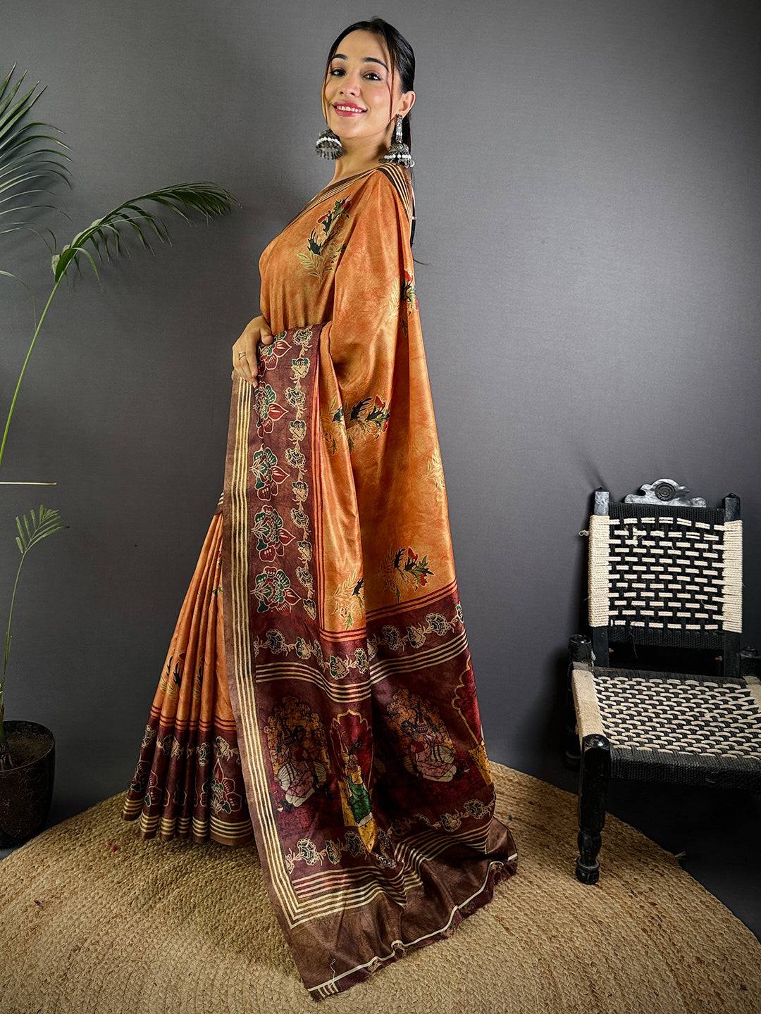 Rust Soft Dola Silk Printed Saree