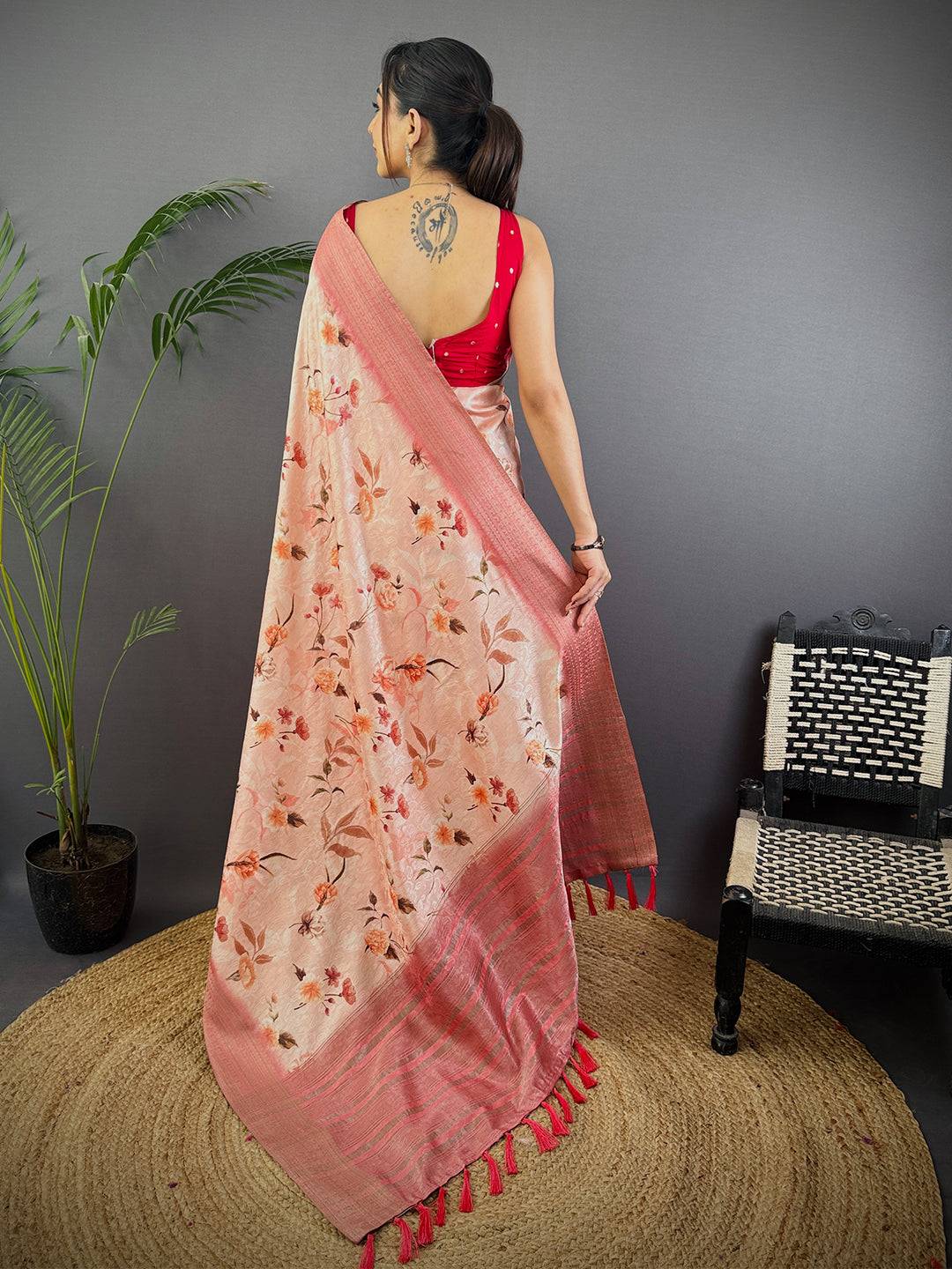 Peach Digital Print Soft Dola Silk Saree