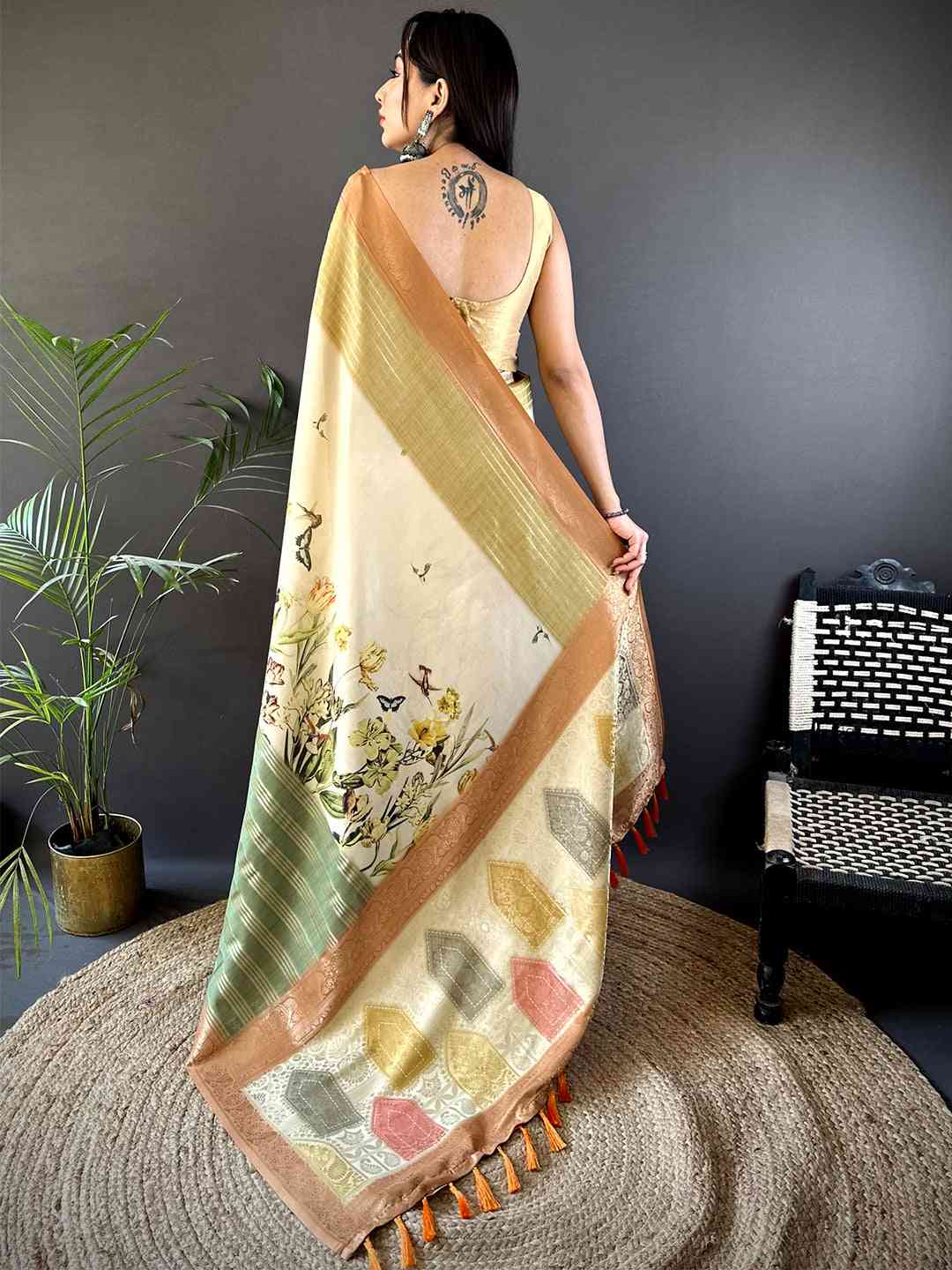 Pastel Cream Soft Crepe Silk Digital Ombre Saree