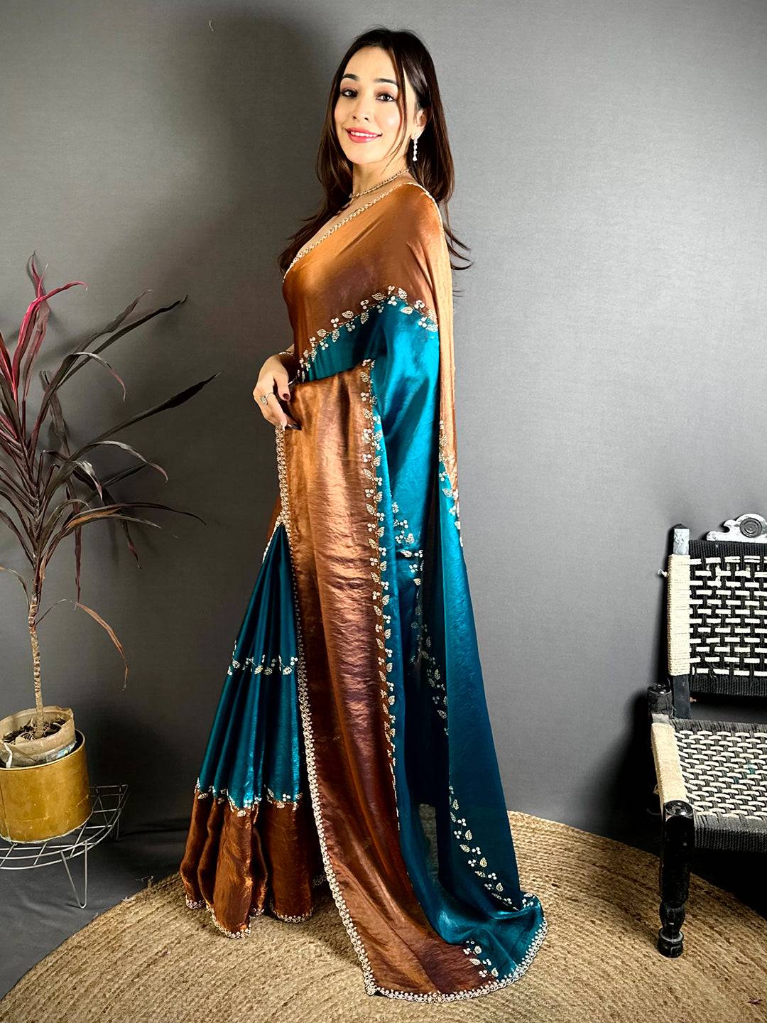 Opulent Peal Satin Tissue Saree