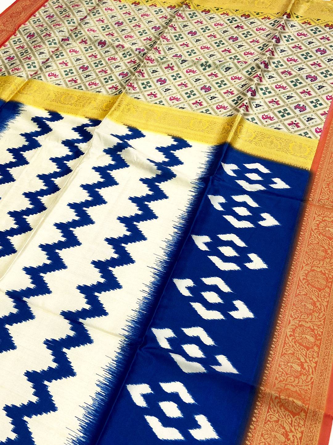 White Banarasi Ikkat Print Saree