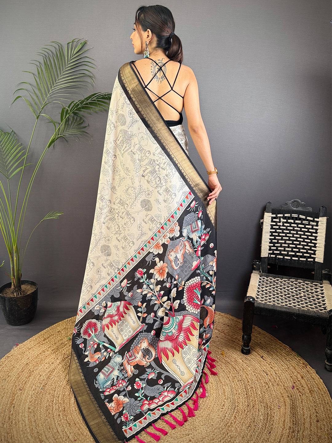 Black Dola Silk Pen Kalamkari Print Saree