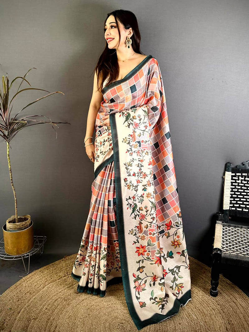 Elegant Tussar Floral Check Print Saree