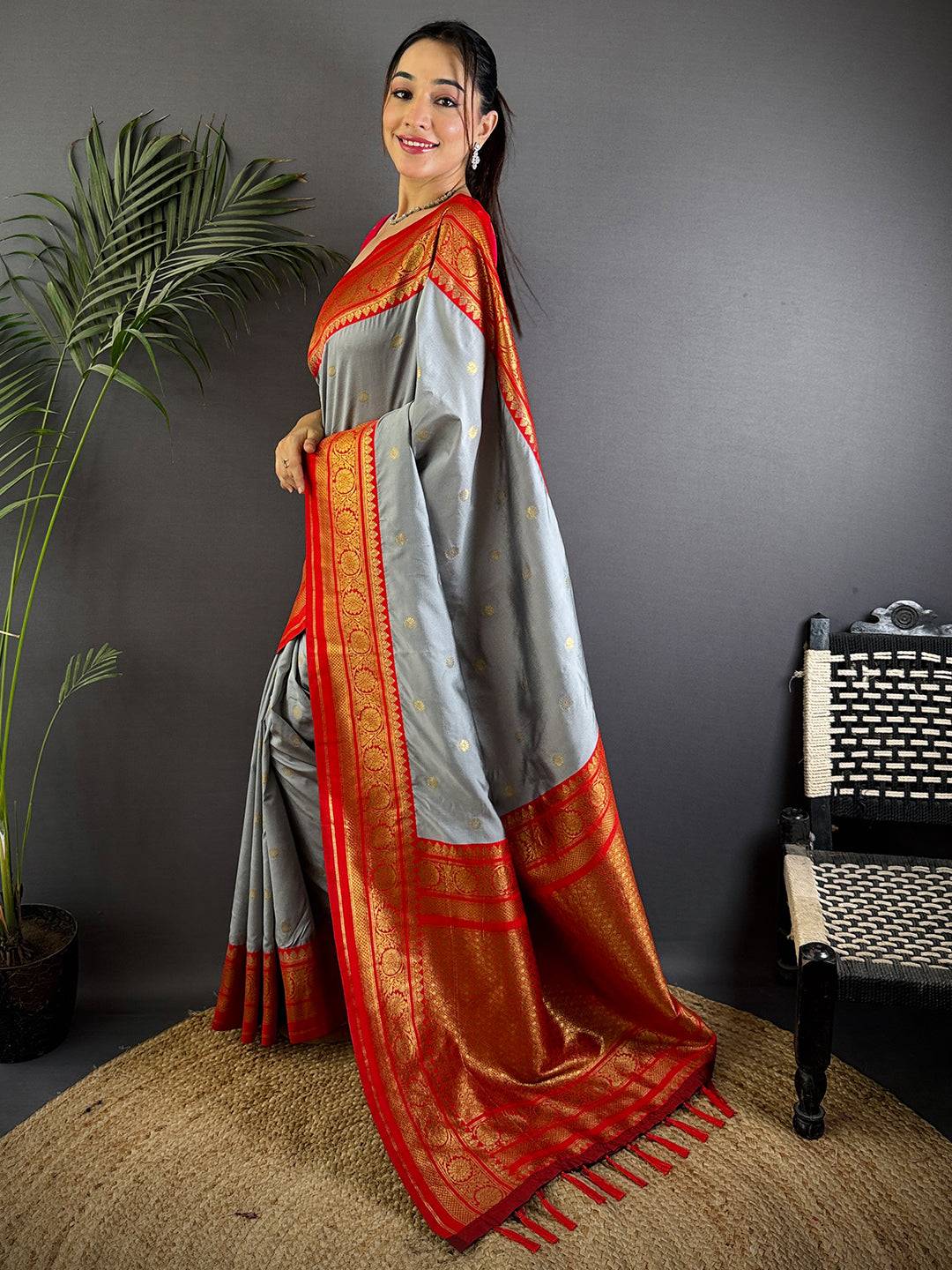 Regal Grey Gold Zari Butta Saree