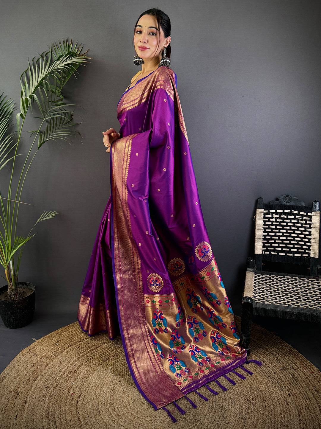 Wine Meenakari Copper Paithani Saree