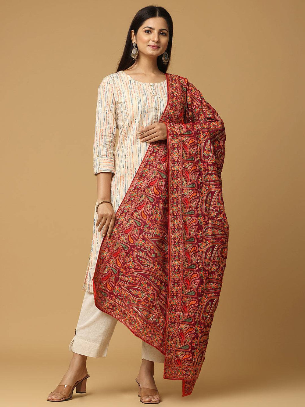 Front view of red embroidered poly chiffon pashmina dupatta