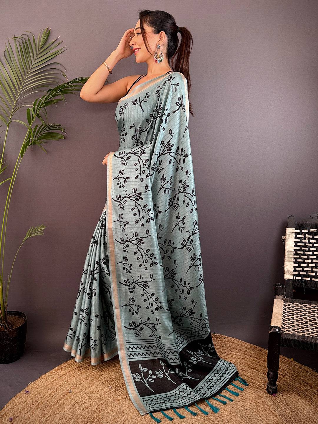 Teal Ghicha Leaf Print Saree