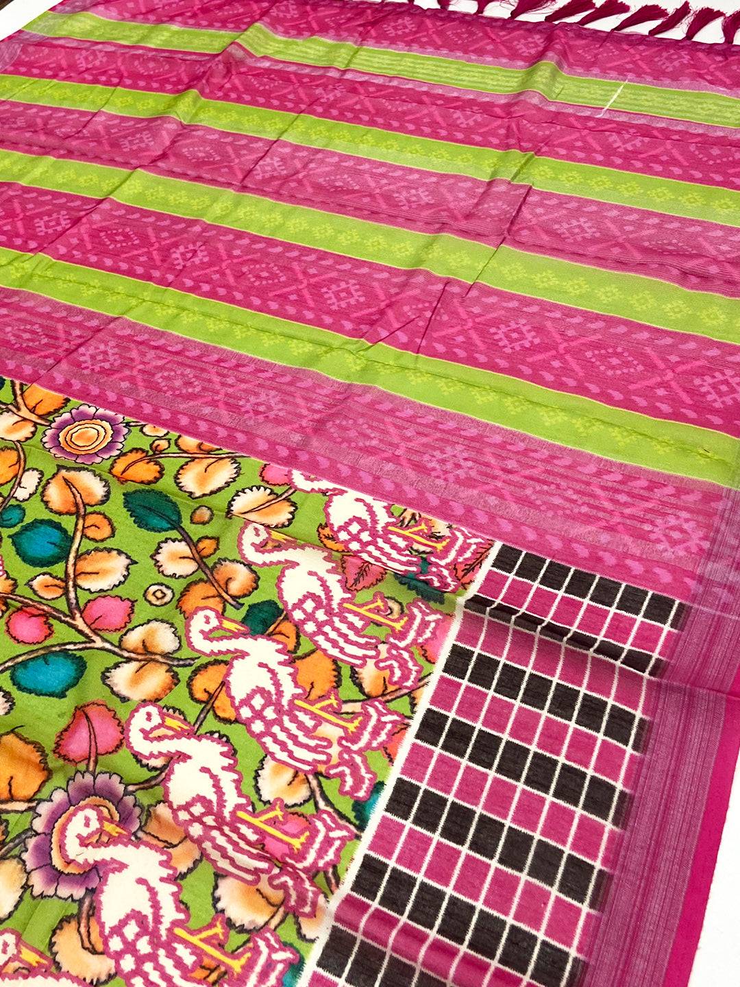 Green Linen Floral Kalamkari Print Saree