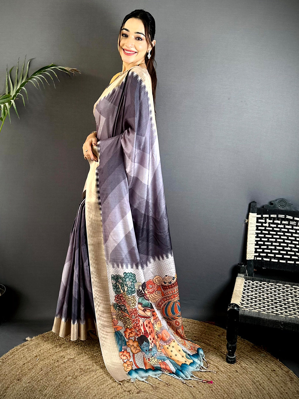 Traditional Linen Kalamkari Pallu Saree