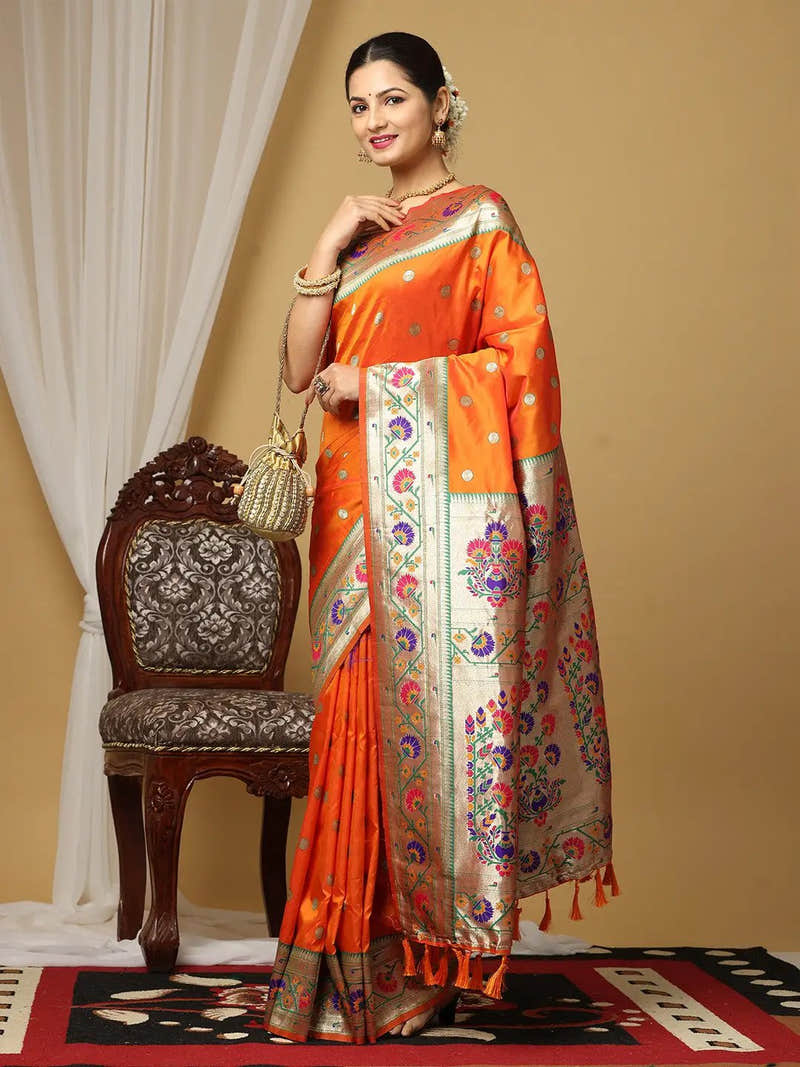 Yevla Paithani Minakari Work Silk Saree in Orange Colour