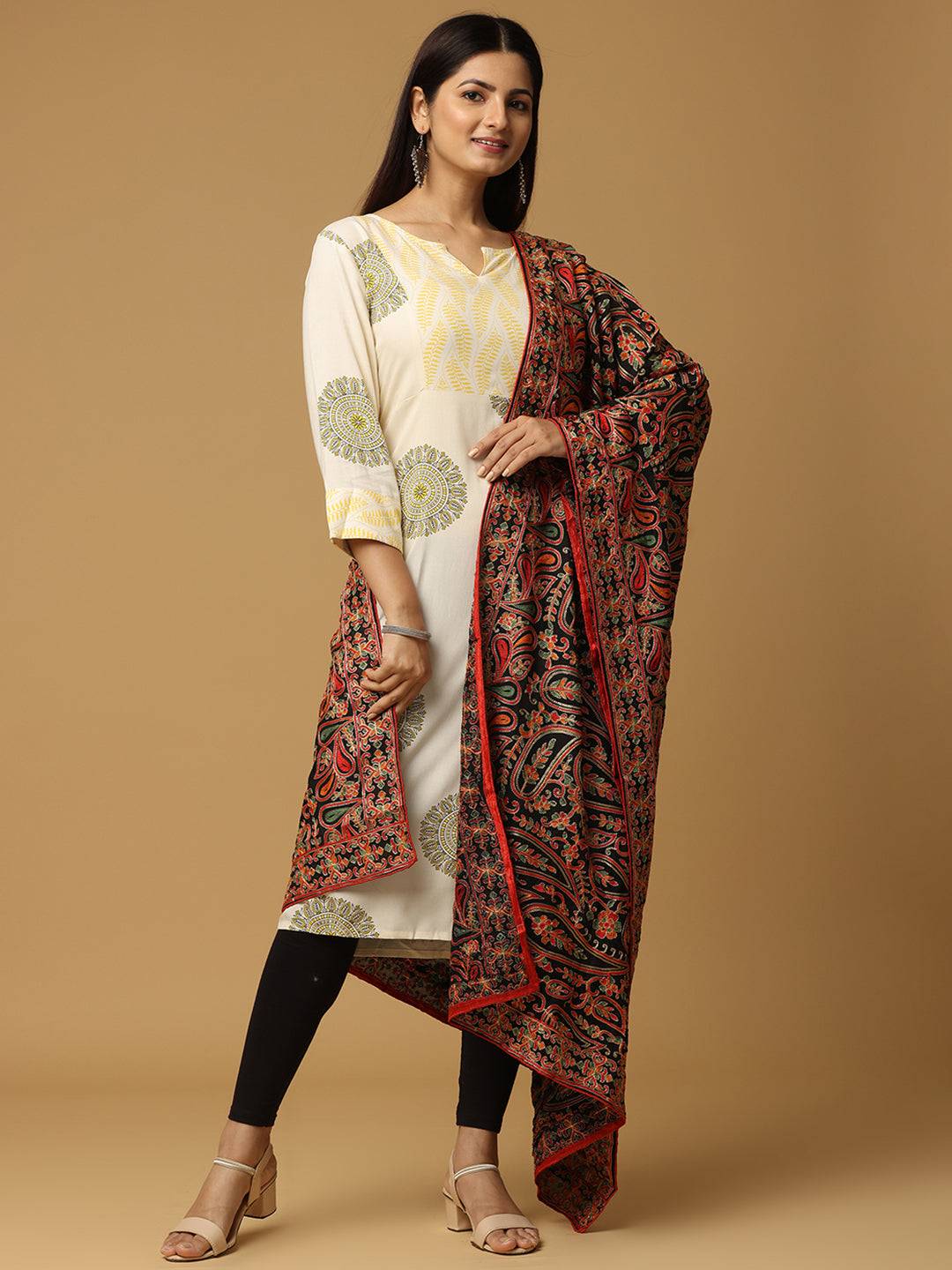 Elegant Black Pashmina Dupatta with intricate embroidery
