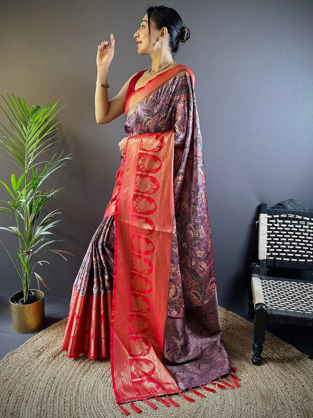 Charry Satin Silk Kalamkari Saree