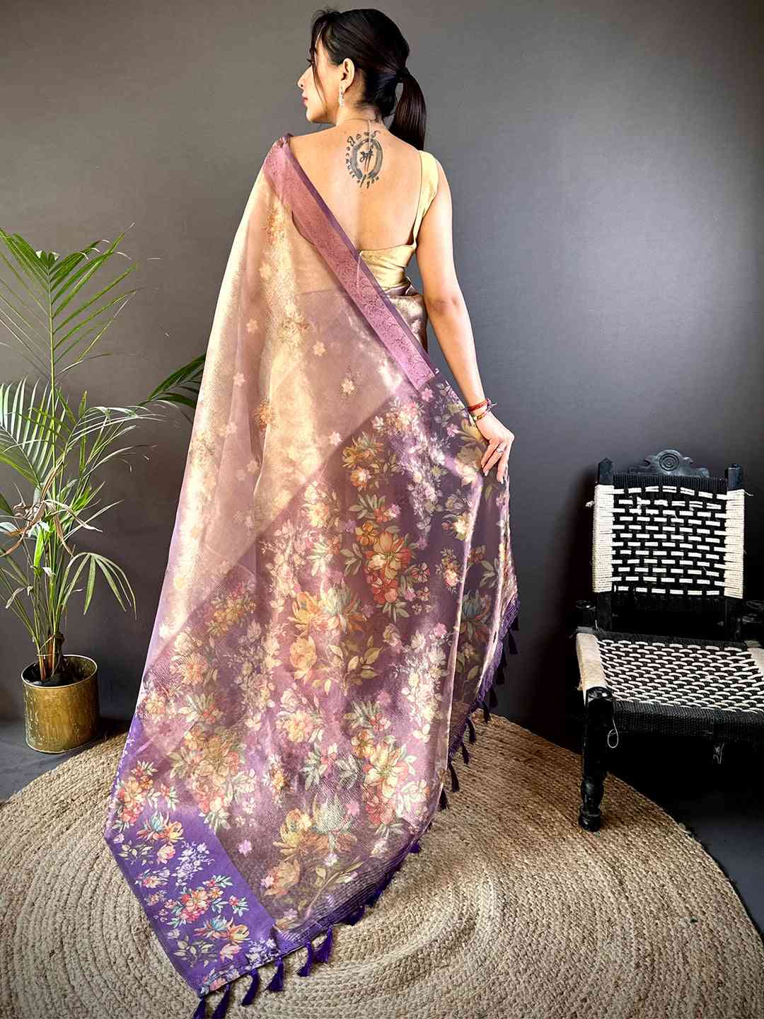 Wine Tissue Digital Floral Saree